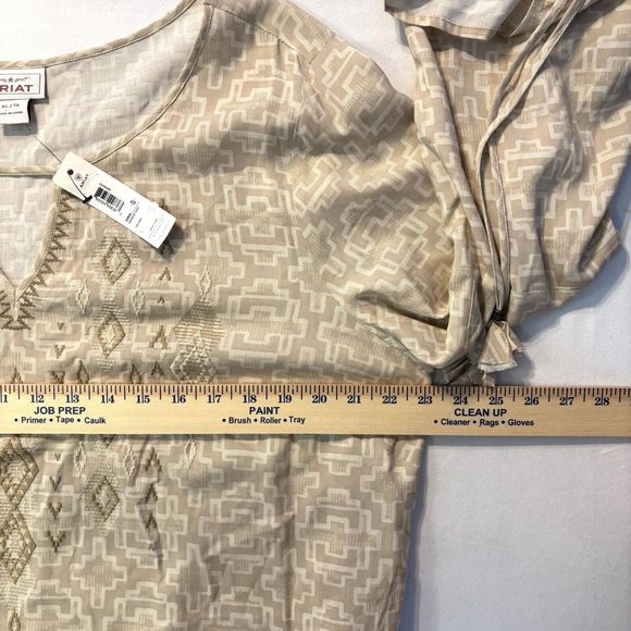 ARIAT Warrior Tunic Top Pull String Sleeves Beige Tori Print Boho - Picture 7 of 9